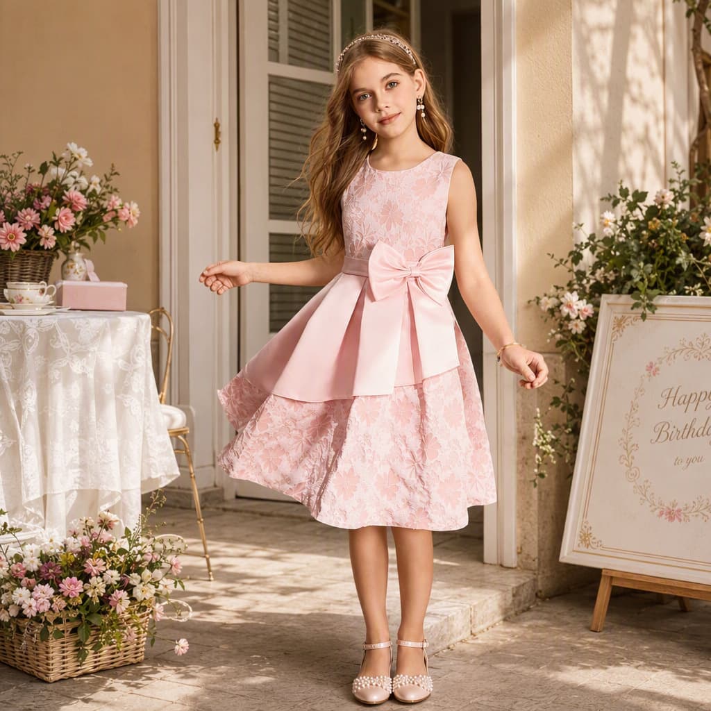 Cross-border girls' dress pink jacquard big bow princess dress for big children and fashionable flower girl birthday costumes