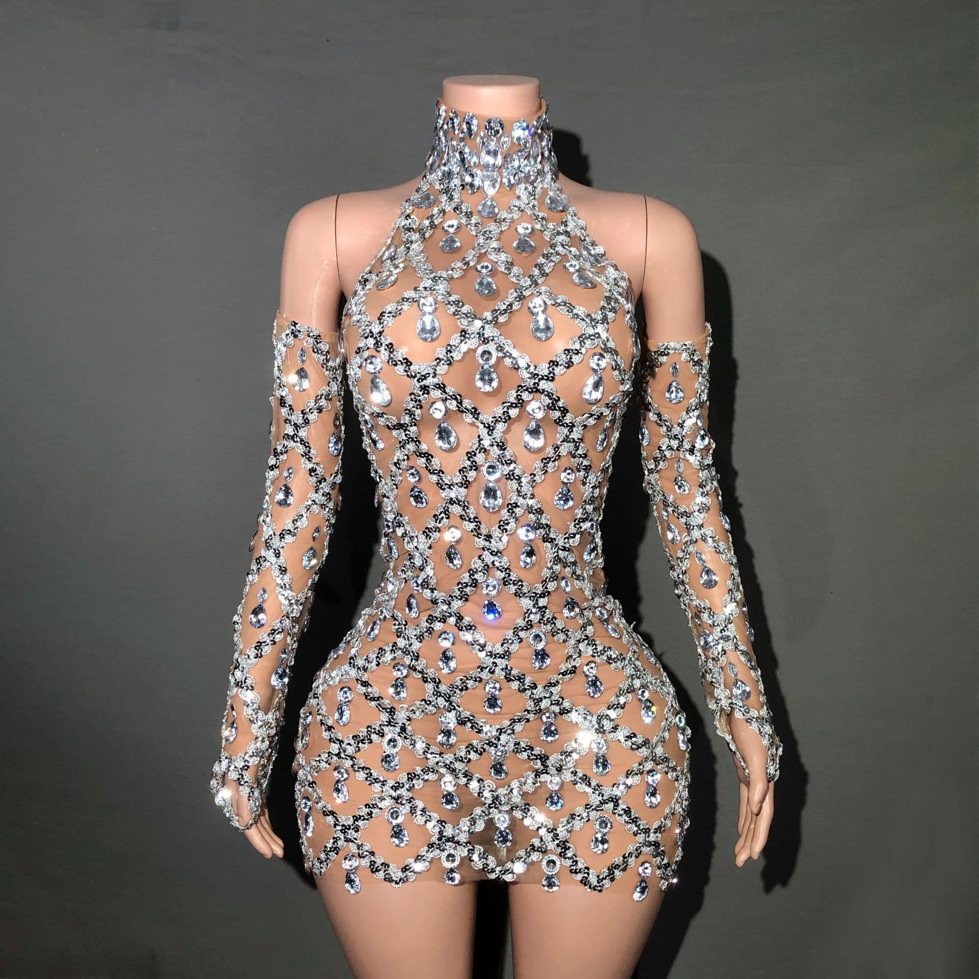 European and American spot shiny rhinestone turtleneck sleeveless sexy mesh see-through plaid evening cocktail dress with hollow skirt