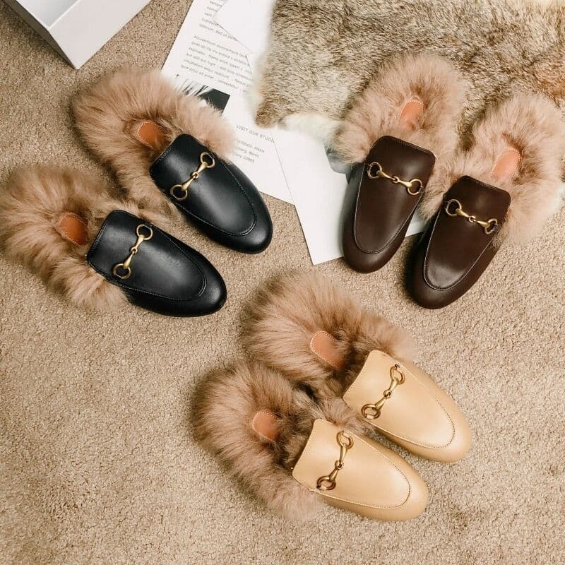 Hong Kong Internet Celebrity Rabbit Fur Half Slippers Women's Spring Autumn Outdoor 2025 New Trendy Genuine Leather Mules