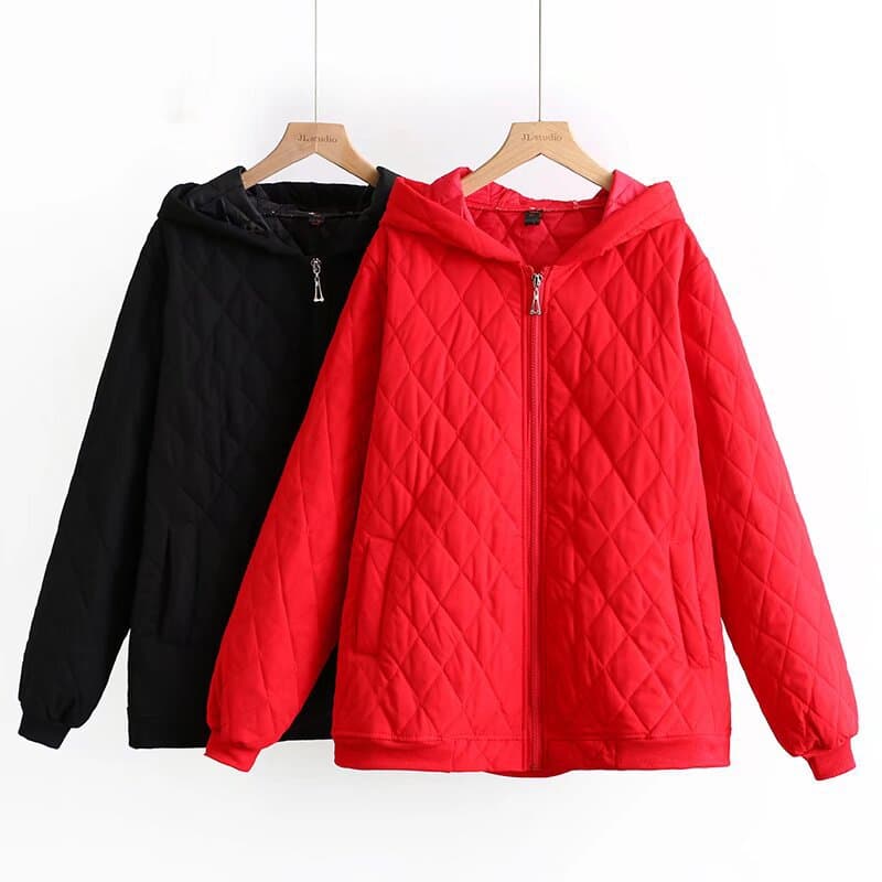 2021 Winter Large Size Hooded Cotton Clothes Long Sleeves Diamond Plaid Cotton Clothes Women Fat Girls Cotton Jackets Thin Section 408