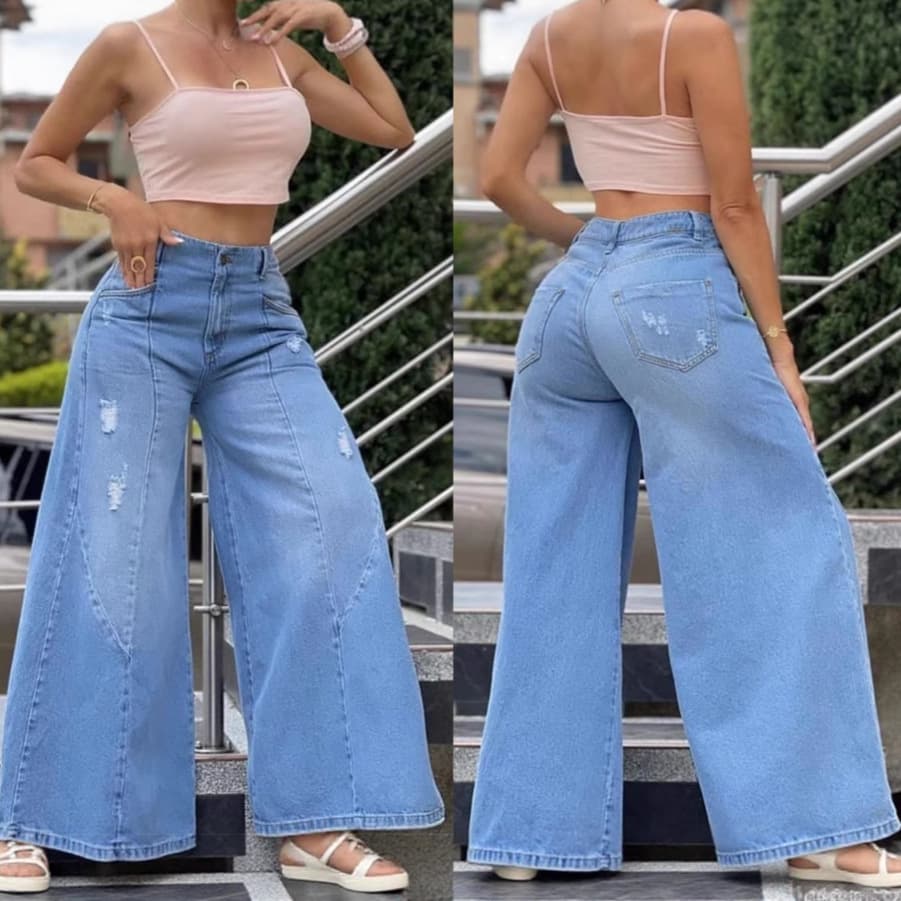 European and American cross-border American street style high-waisted ripped wide-leg jeans with personality and versatile washed blue micro-flared floor mopping pants