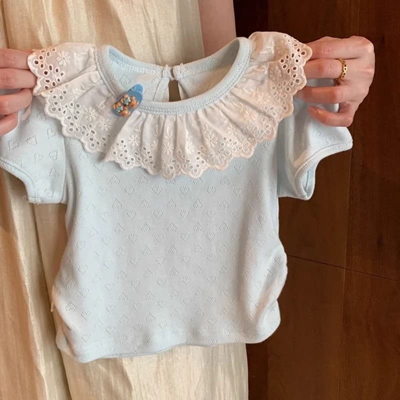 Girls Lace Trim Short Sleeve T-Shirt Summer New Korean Style Sweet Half Sleeve Toddler Top Versatile Top
