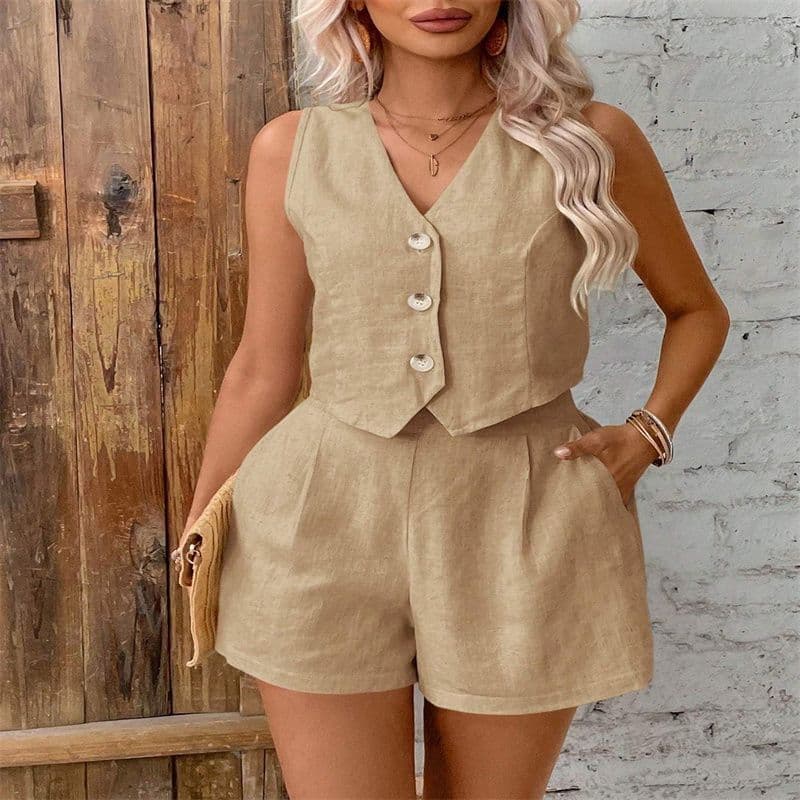 Factory Direct 2025 Cross-Border EU-US Two-Piece Set Women's Plus Size Solid Color Button Vest Set