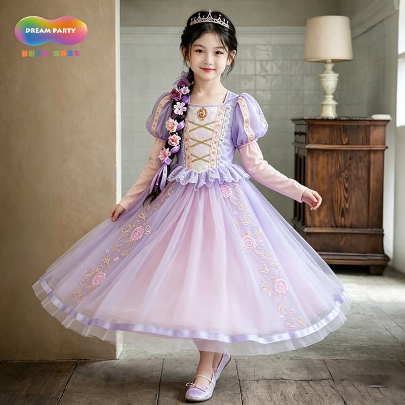 Girls Spring Mesh Tulle Dress Purple Princess Dress Long Hair Princess High Custom Birthday Gown
