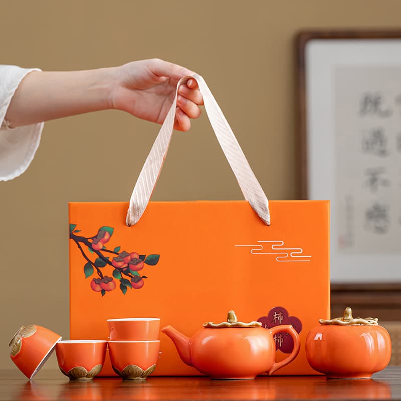 Dehua Creative Ceramic Persimmon Teapot for Good Luck, Portable Travel Tea Set, Customizable New Chinese Style Wedding Gift