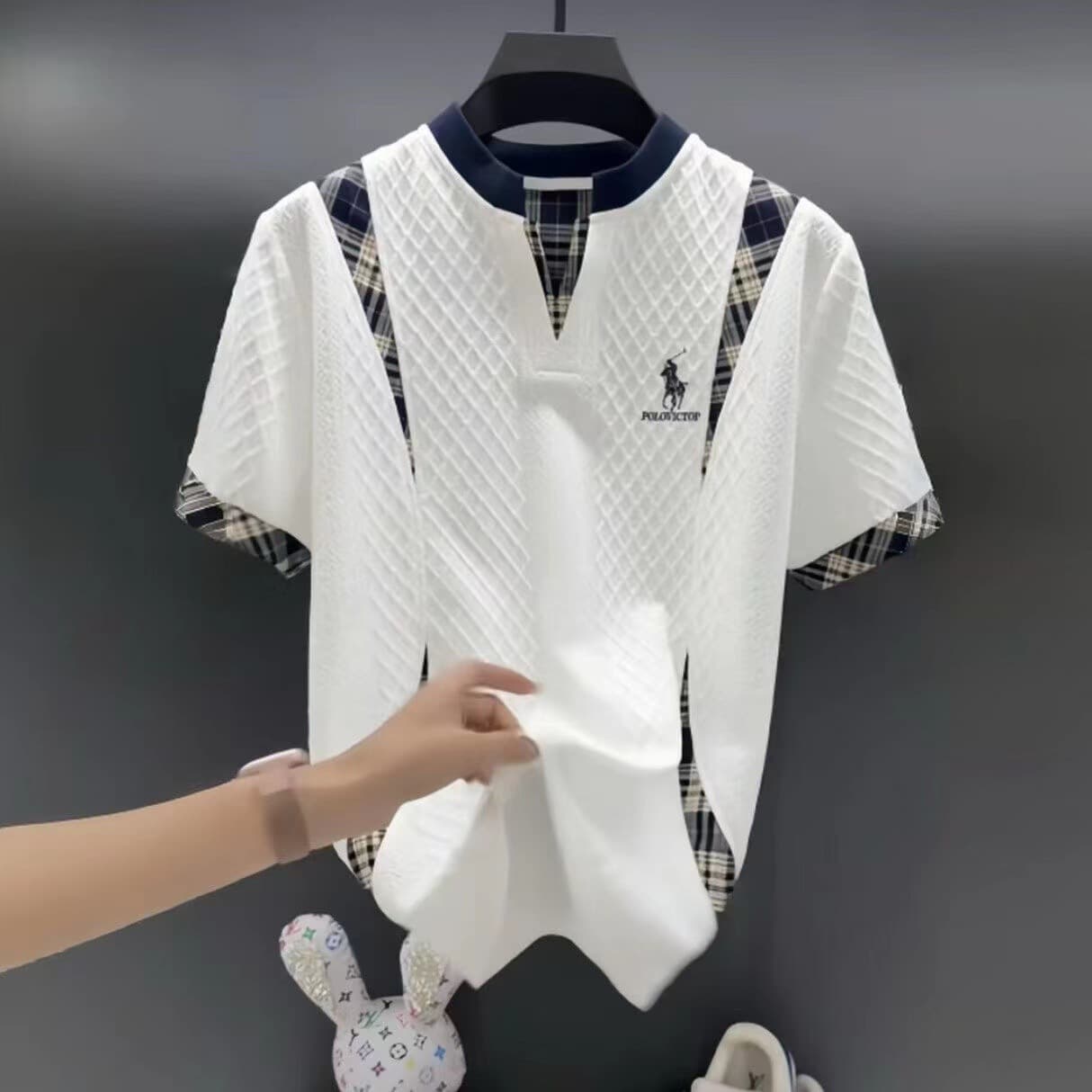 Premium European Ice Silk Short-Sleeve T-Shirt for Men Summer 2026 New Plaid Patchwork V-Neck Polo Top Men's Fashion