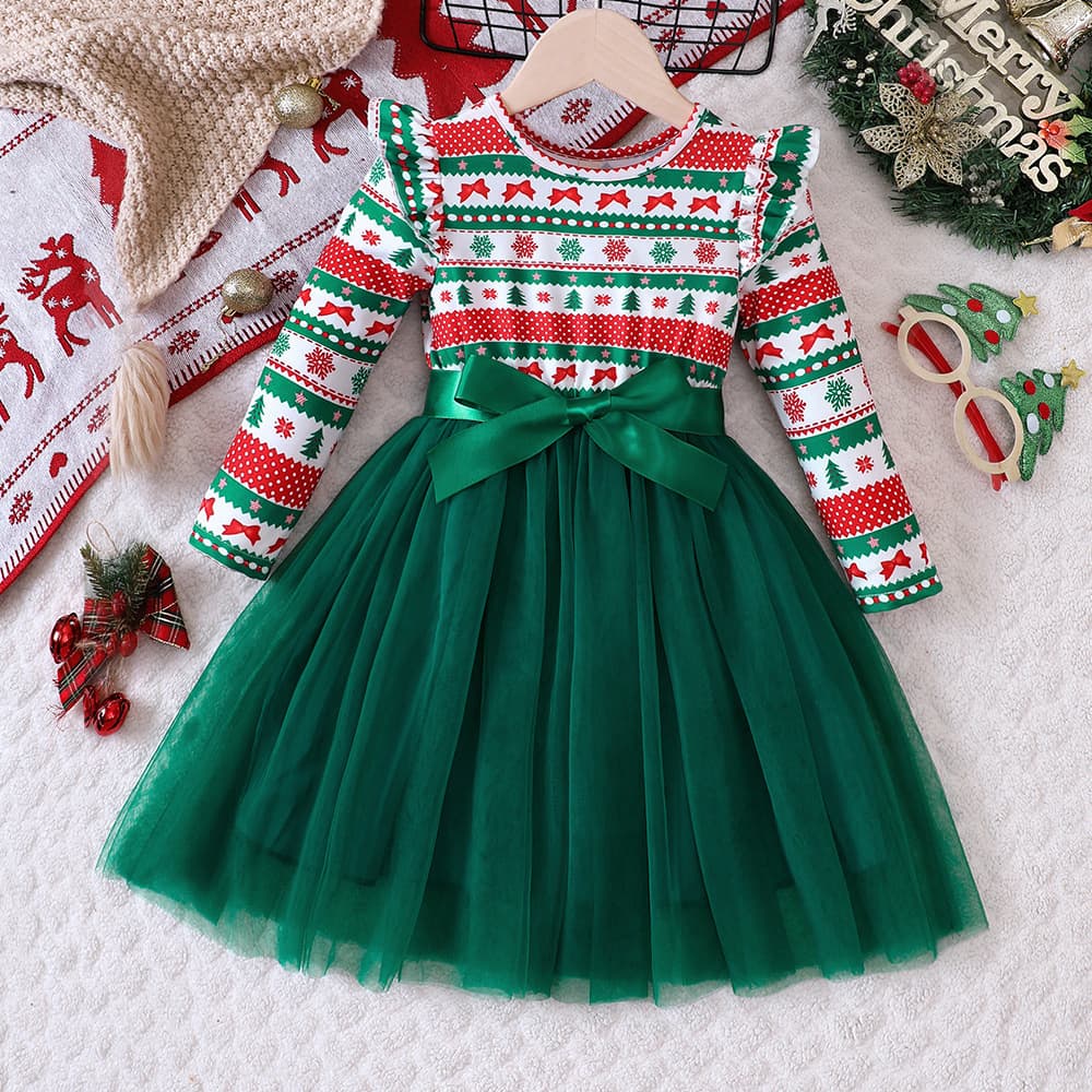 EW Children's Clothing New Arrival Girls Autumn Winter Christmas Mesh Long Sleeve Dress XHQ1582