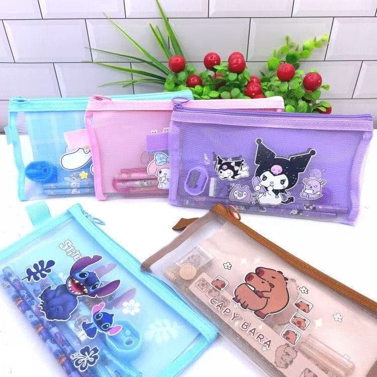 Stitch Sanrio Mesh Pencil Case Stationery Set Kuromi Folding Ruler Pencil Eraser Sharpener Zipper Bag