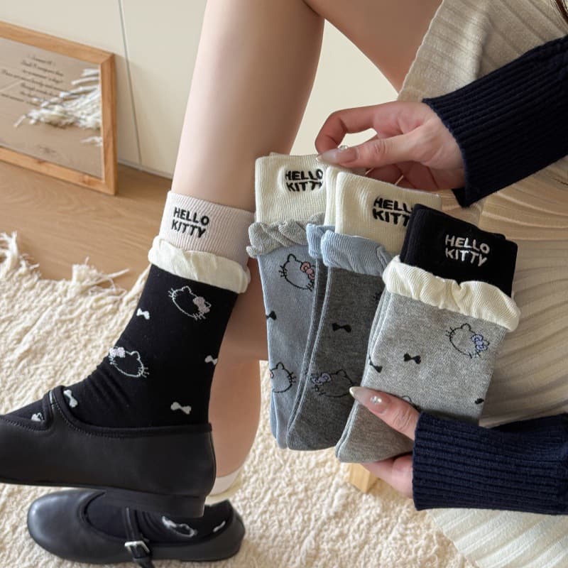Cartoon Kitty Cat Mid-Calf Socks for Women, Pure Cotton Spring and Summer Thin Style, Lace Ruffle Stacking Socks with Rolled Hem Embroidery, Versatile