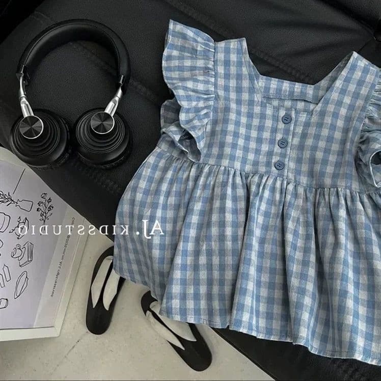 Girls summer new style plaid flying sleeve short-sleeved shirt baby girl forest shirt sweet flying sleeve top