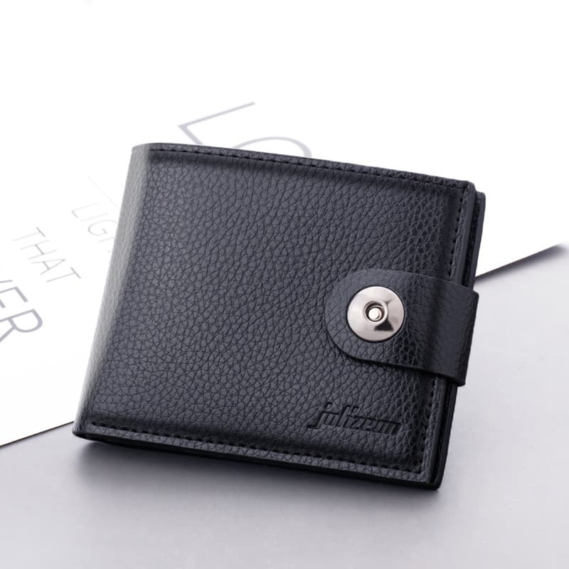 Magnetic Clasp Wallet Short Style Men's Wallet with Zipper, Fits Driver's License, Horizontal Leather Billfold