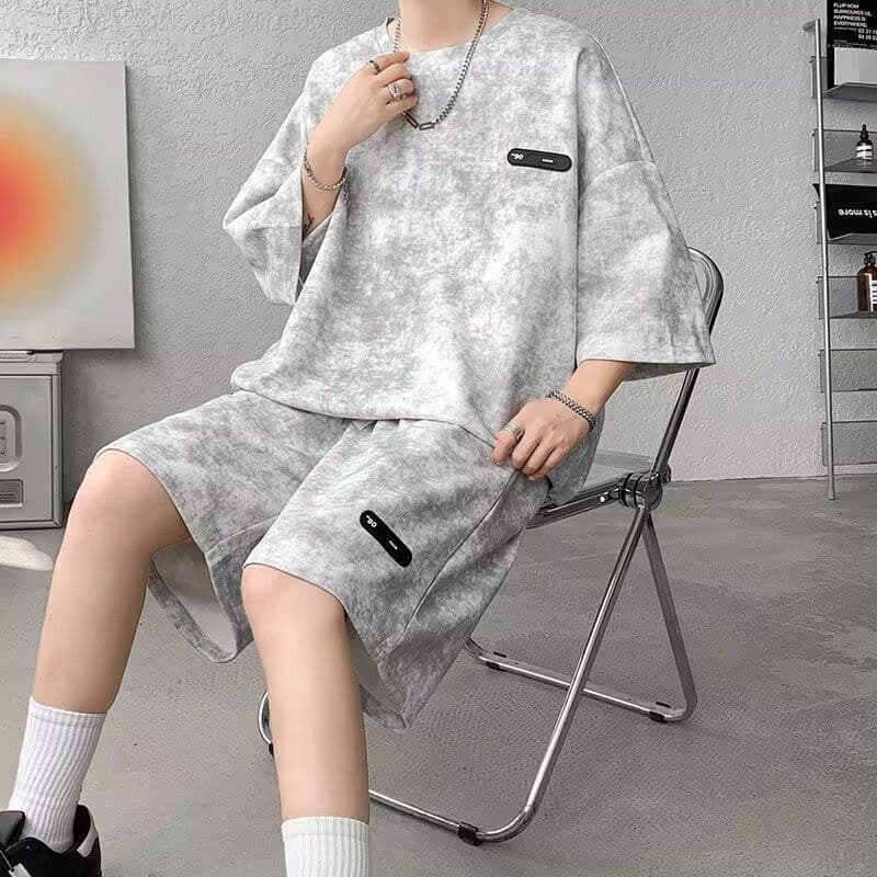 In Stock Summer Set Men's Tie-Dye Ice Silk Five-Split Sleeve T-Shirt and Shorts Trendy Plus Size Men's Casual Outfit