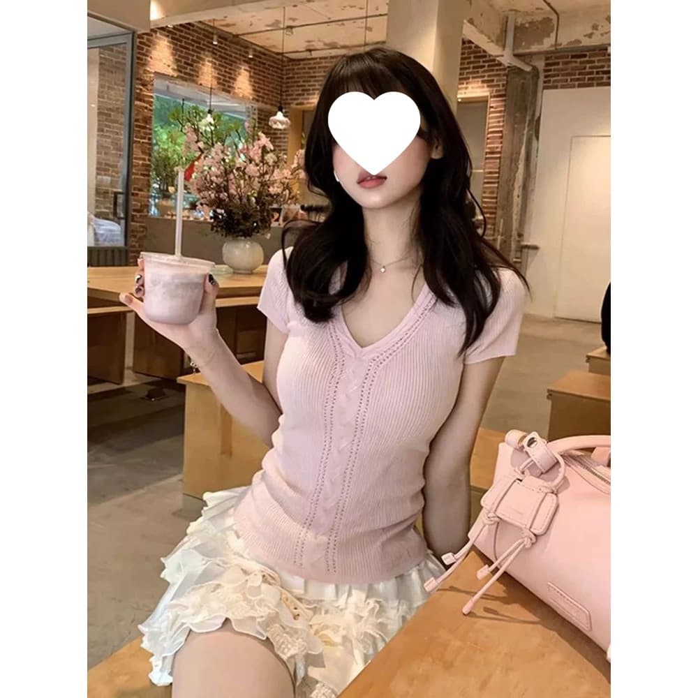Pink Collar Knit Short Sleeve Top for Women, Summer Beautiful Cable Knit Hollow Out Regular Shoulder T-Shirt, Super Pretty Slimming Korean Style