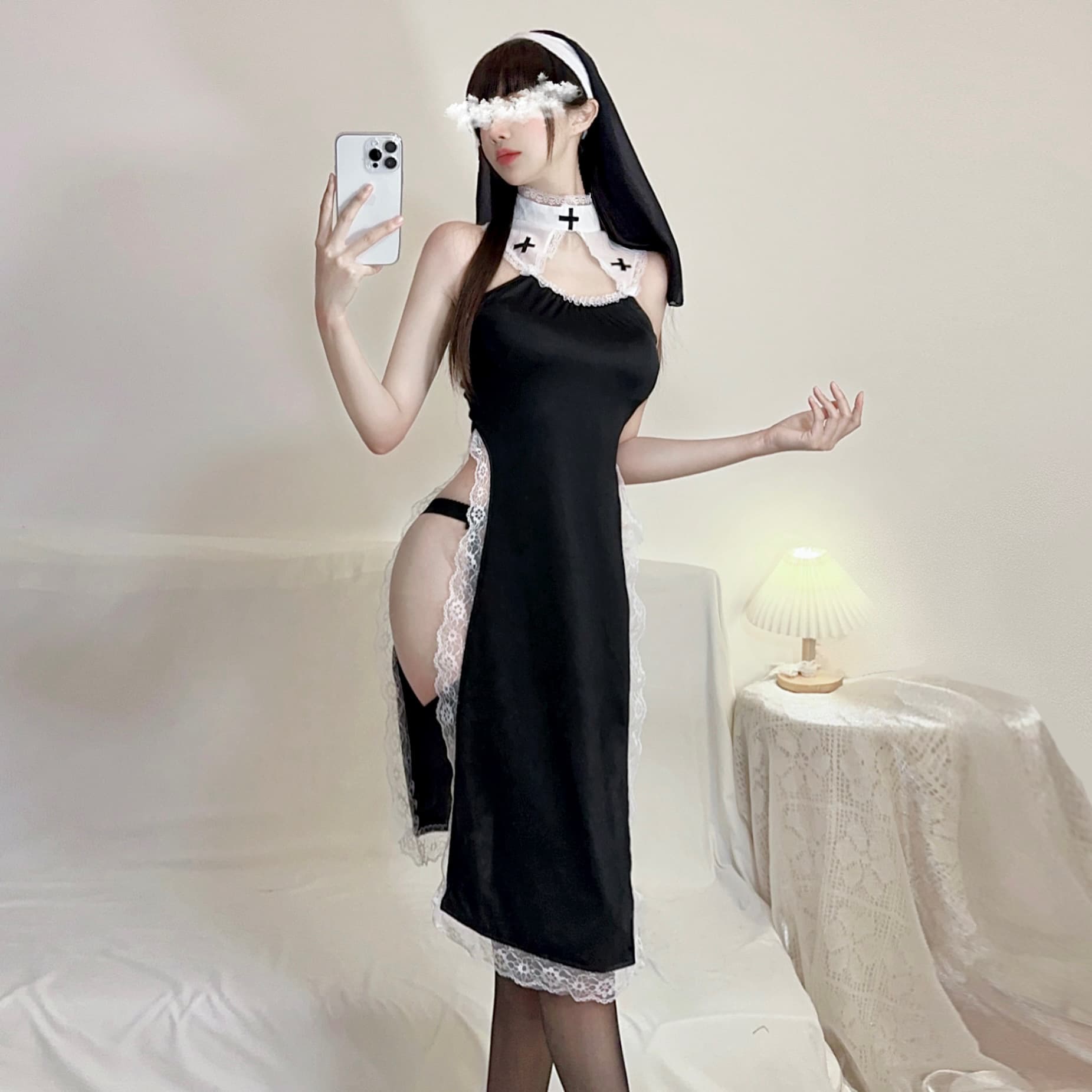 Sexy lingerie, sexy nun uniform suit, high-cut, no-take-off, pure lust, temptation, passionate role-playing, couple flirting