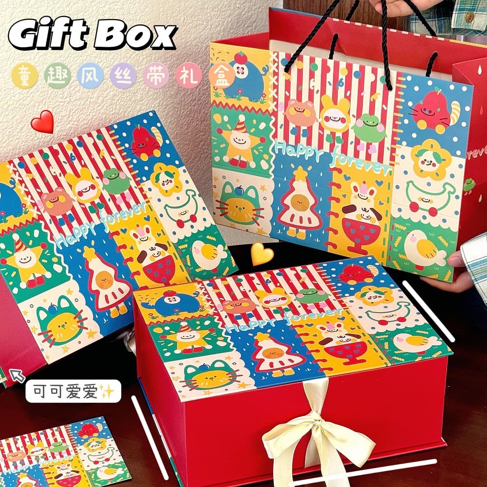 Cute Cartoon Ribbon Gift Box Children's Day Birthday Fun Vintage Valentine's Day Present Box Retro Kid's Joy Grey Board Paper