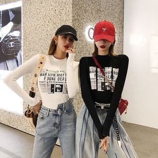 Li Wanjun White Base Layer Top for Women, Inner Wear Slim Fit New Printed Long Sleeve T-Shirt, Viral Ins Style Top