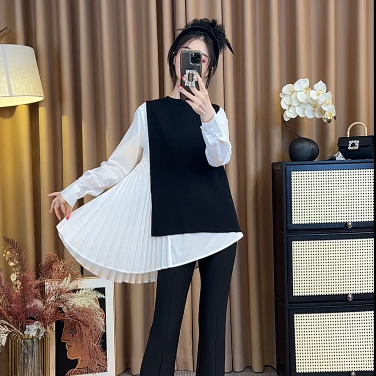 Paris Time New 25 Early Autumn Pleated Long-Sleeve Shirt Set: Shirt + Vest Two-Piece Set