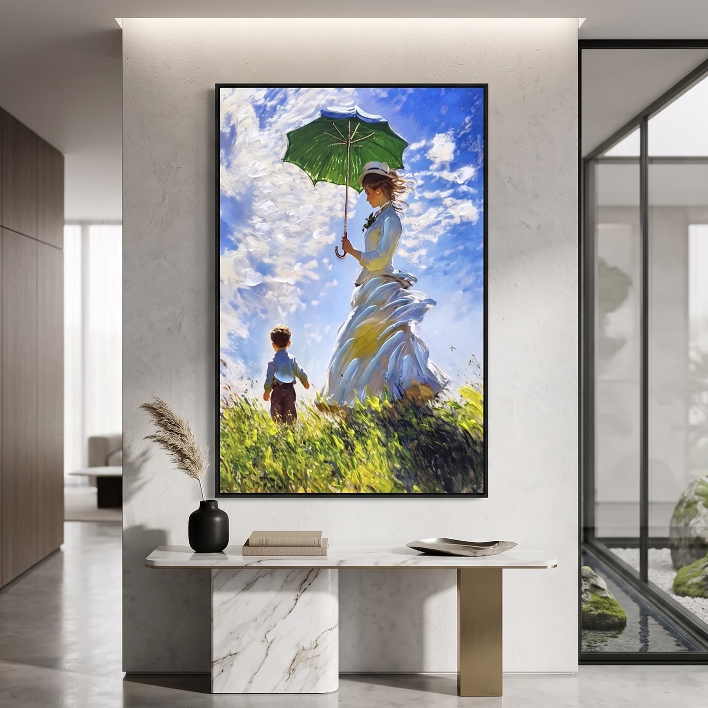 Monet Woman with Umbrella Landscape Hand-Painted Oil Painting Vertical Vintage French Style Figurative Decorative Art for Entryway