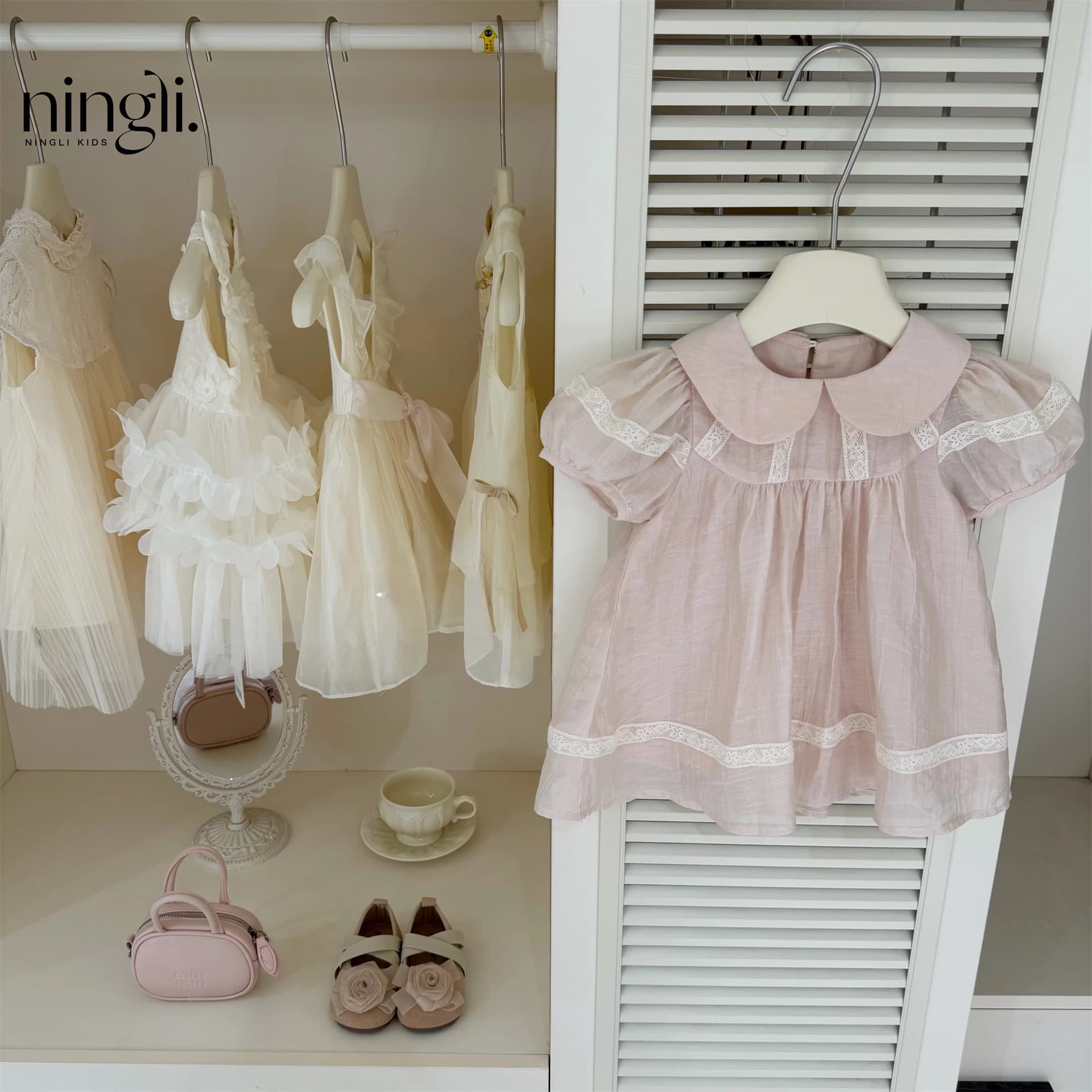[Ningli] Champagne Pink! Original 2026 Girls Summer French Puff Sleeve Doll Collar Lace Dress