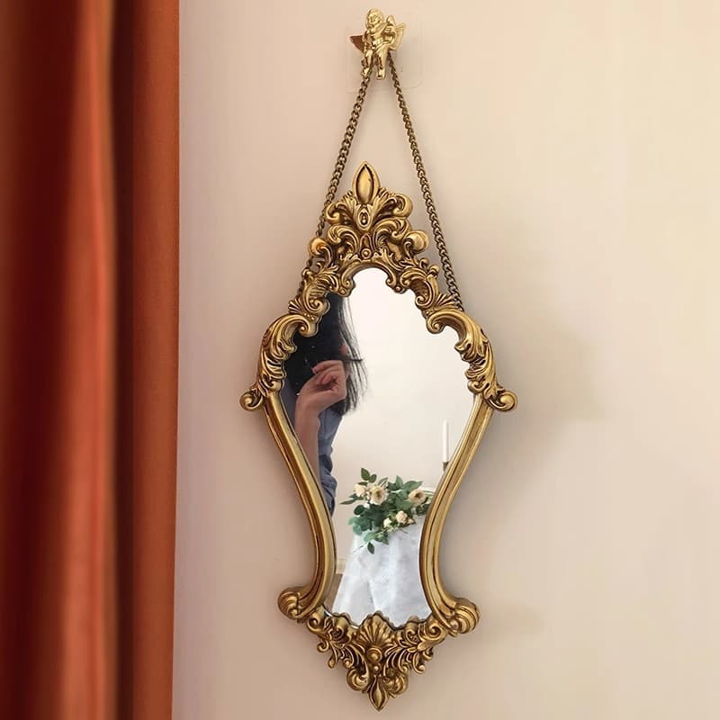 Retro Carved Beauty Mirror Vintage Light Luxury Wall Mounted European Mirror Makeup Mirror Combination Decorative Painting Matching Dressing