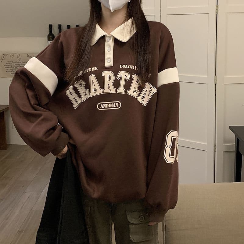 Plus-size college style color-block collar sweatshirt for women, Korean style loose versatile American jacket for spring and autumn.
