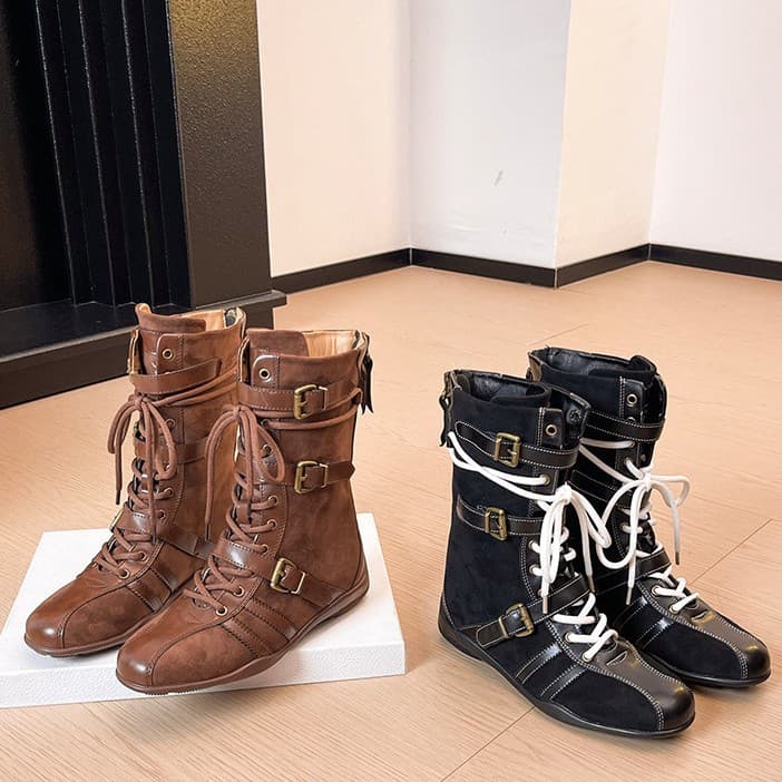 Cowhide Version ~ 5cm Height Increase Thick Sole Boxing Boots Women's Upgraded Duck Hunting Boots Belt Buckle Design Martin Boots Short Boots