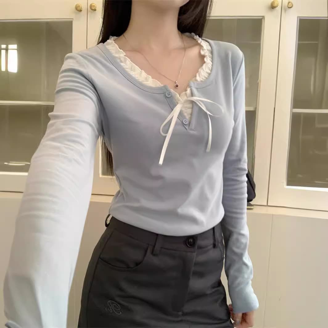 Navy blue three-button top for women, American retro bm slim-fitting short ribbed long-sleeved bottoming shirt T-shirt for women in autumn and winter