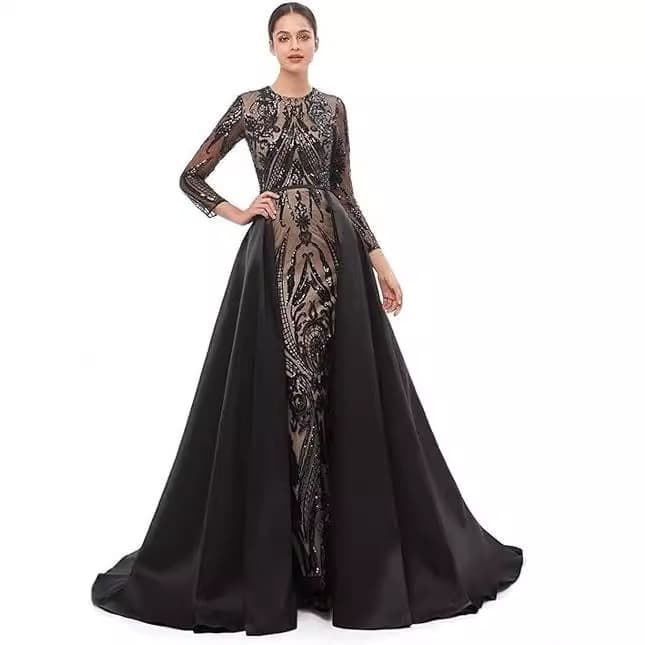 2026 New Amazon Evening Dress Fashionable Small Train Long Sleeve Banquet Gown Elegant European and American Style