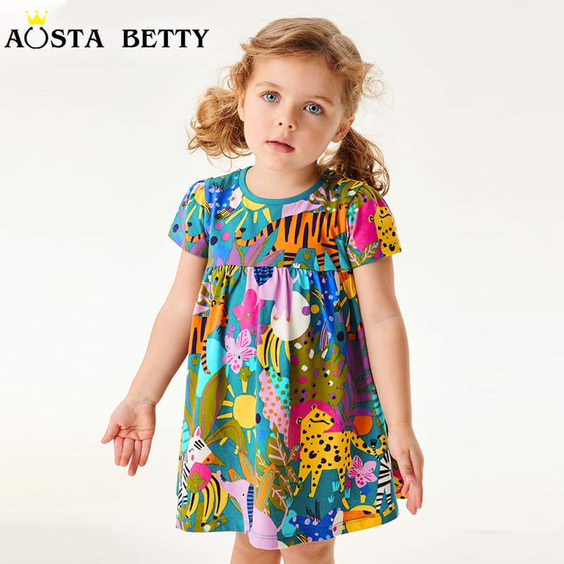Summer New Girls' Dress Cartoon Animal Print Princess Dress Crewneck Pullover Knitted Cotton Short Sleeve Children's Dress