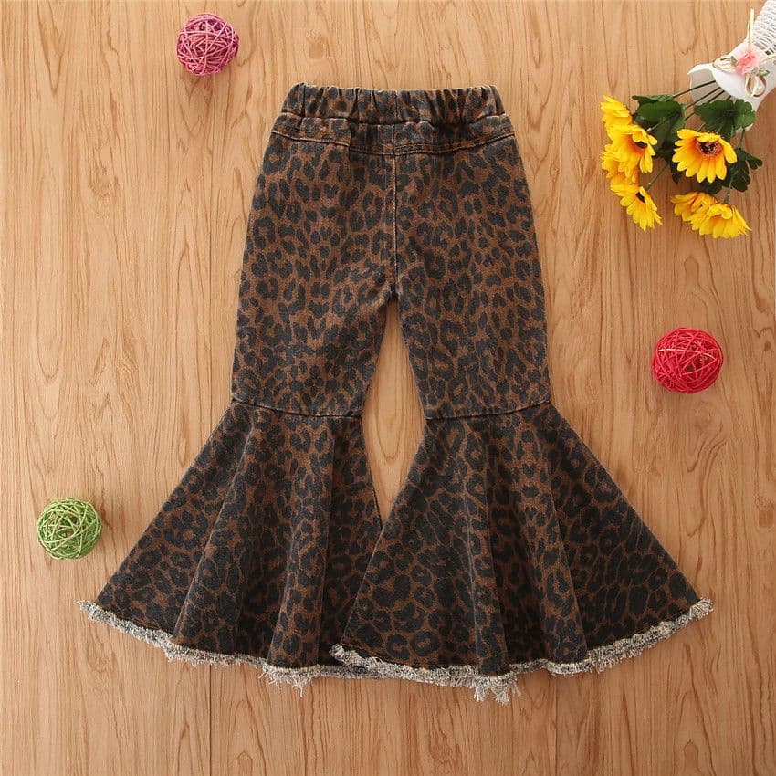 Summer New Girls Ripped Denim Flared Pants Toddler Kids Elastic Waist Leopard Print Casual Trousers 206018 Cotton