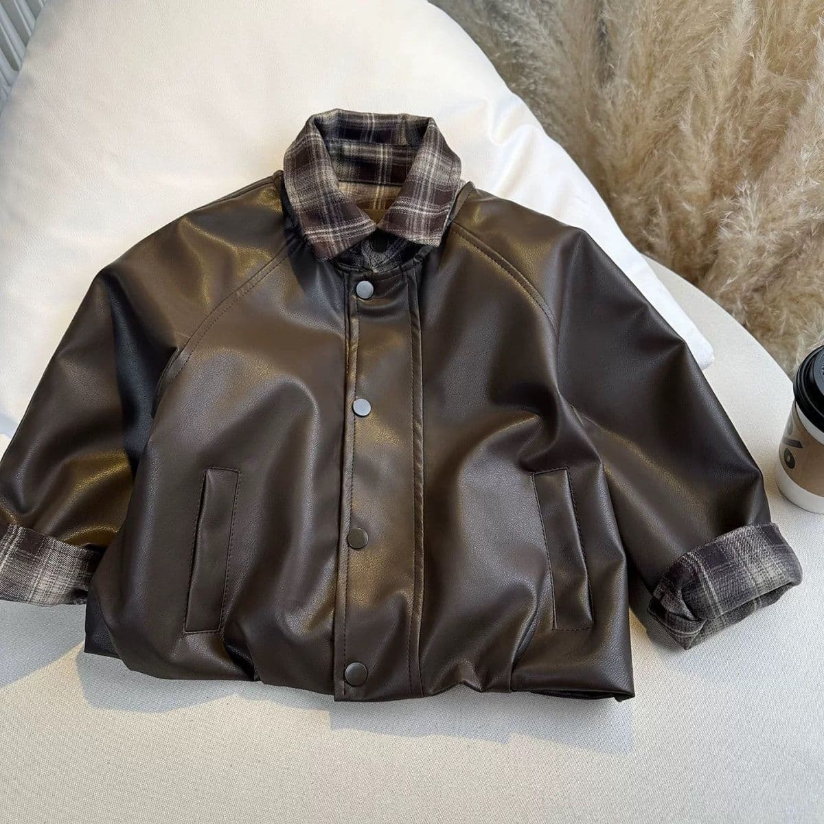 Korean Style Kids' Lapel Leather Jacket for Boys, Spring 2026 New Trendy Cool Boy Spring and Autumn Jacket
