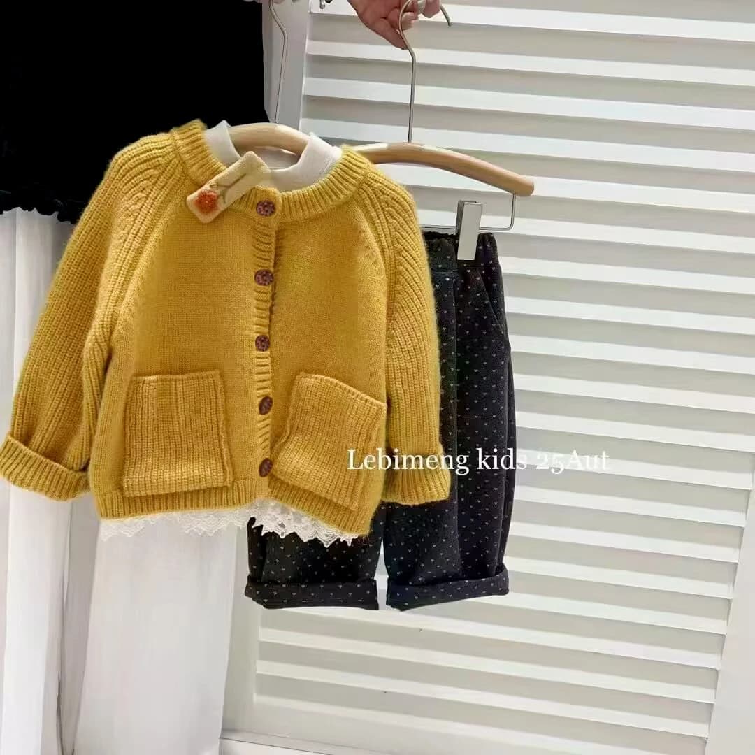 Girls' Autumn Knit Cardigan Set New Children's Casual Polka Dot Pants Set 31167
