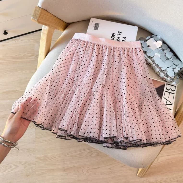 Pink polka dot fluffy short skirt for women in summer high-waisted slimming anti-exposure gauze skirt for small people pleated skirt