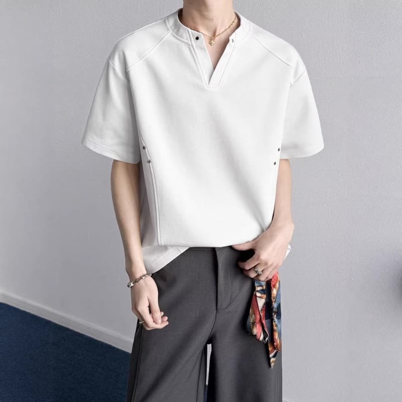 Black rivet stitching V-neck short-sleeved men's and women's summer American design right shoulder T-shirt handsome loose thin body