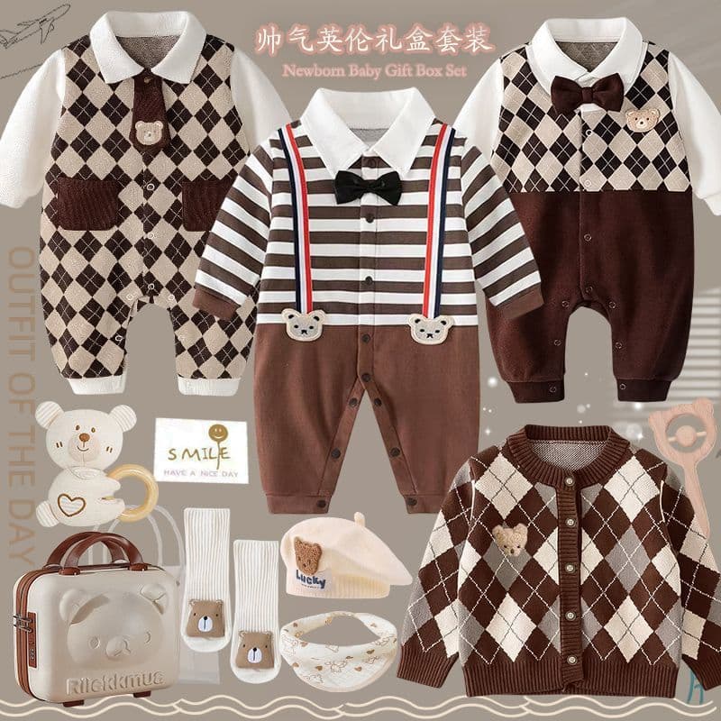 Newborn Baby Boy Clothing British Style Gift Set Pure Cotton Full Moon 100 Days One Year Old Gift for Friends