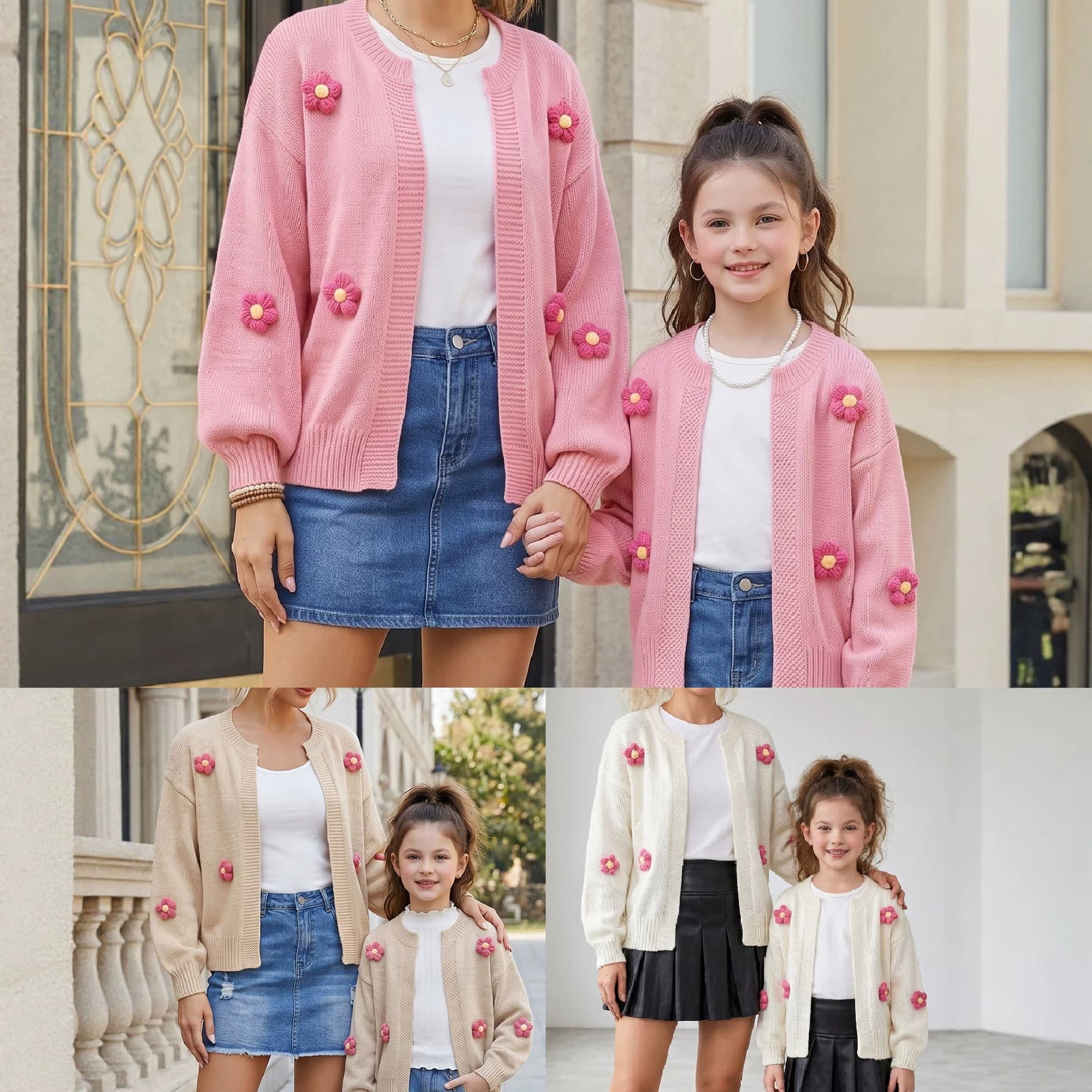 Sweet Style 3D Handmade Crochet Flower Long Sleeve Cardigan Sweater Parent-Child Matching Outfit Cross-Border Europe and America Sweet Jacket Mother and Daughter