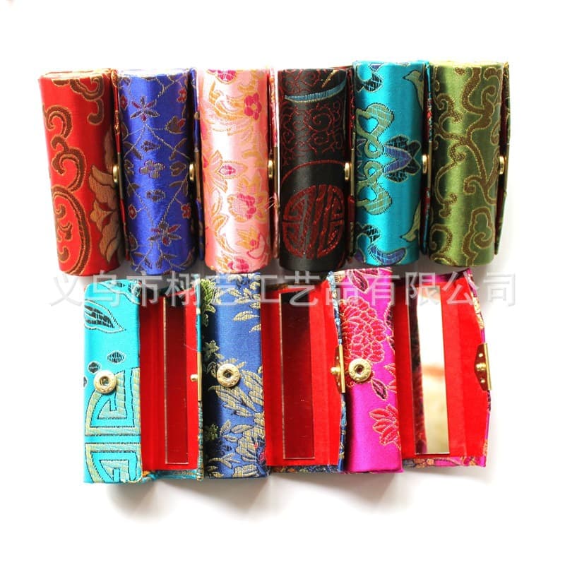 Brocade Single Lipstick Case Silk Mirror Makeup Box Craft Gift Brocade Lip Gloss Box Wholesale Red Cherry Lipstick
