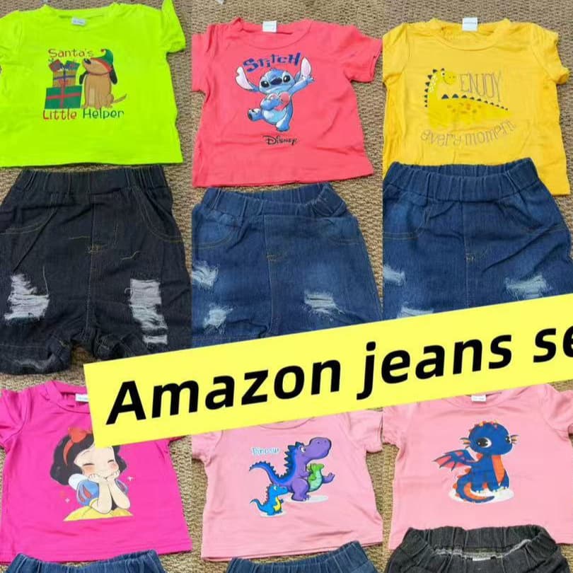 Amazon Export Wolf Children's Denim Pants Set Cartoon Cute Fashion Clothing Mixed Stock