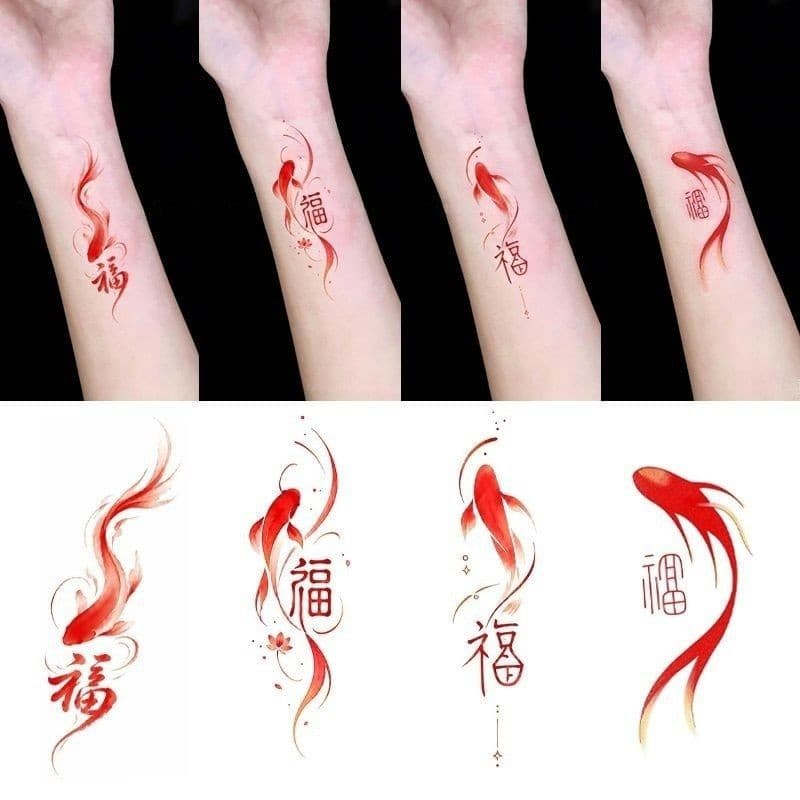 New Chinese style national style red blessing character koi color tattoo stickers waterproof and long-lasting men and women wrist calligraphy Chinese characters washable