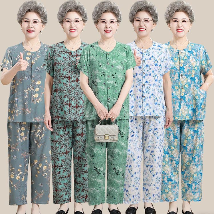 Middle-aged and elderly women's summer cotton silk suit grandma's short-sleeved two-piece suit loose mother's thin elderly clothes
