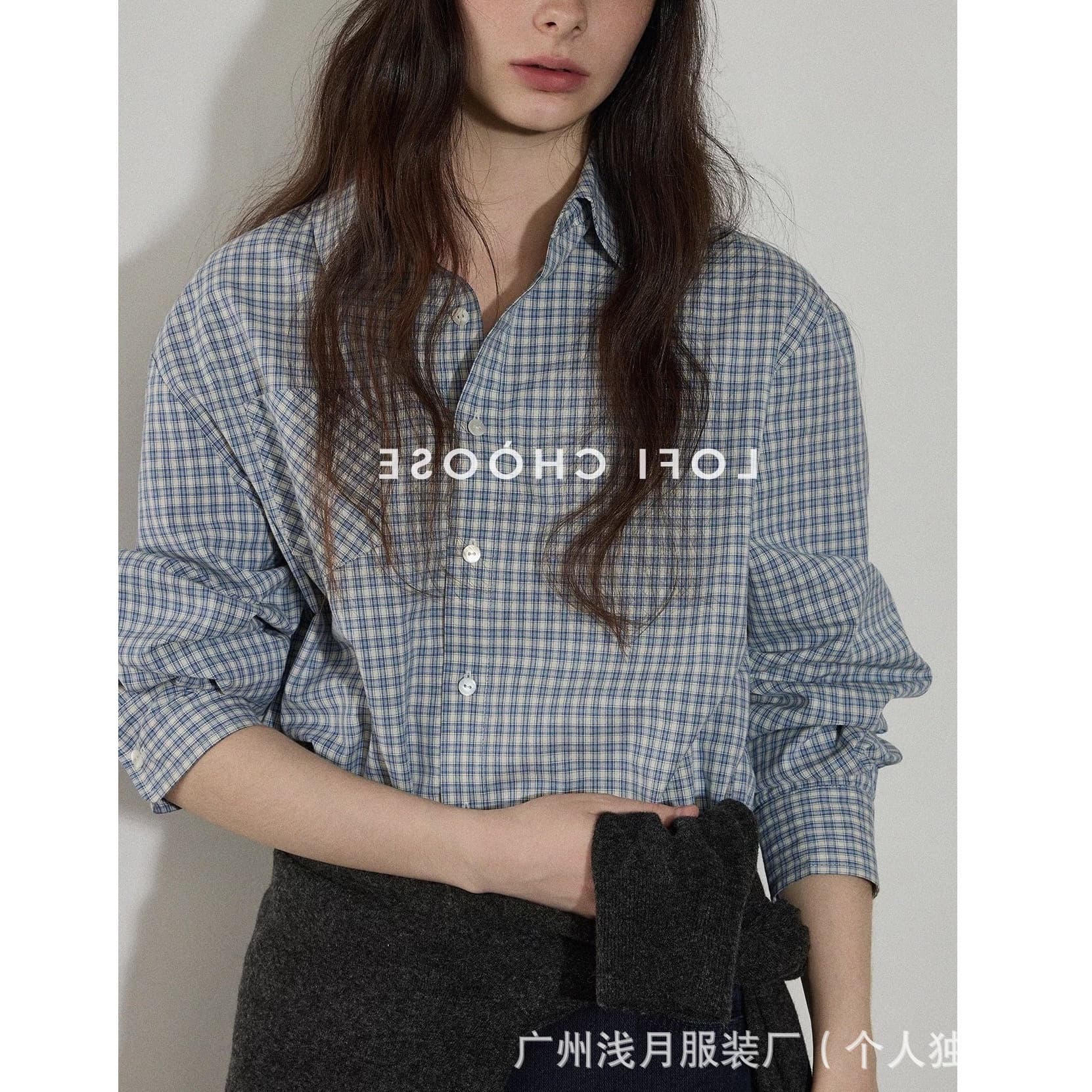 Lofi chose versatile simple contrasting plaid long-sleeve shirt for women, spring new design cotton shirt