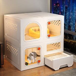 Cat Cage with Integrated Litter Box Home Indoor Villa Two-Story Cat House Cat Cabinet Space-Saving Cat Litter Box Enclosure