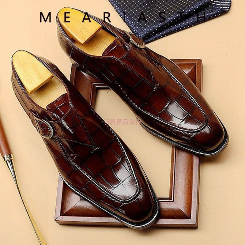 European and American Business Monk Strap Men's Shoes Buckle British Crocodile Pattern Formal Leather Shoes Trendy Retro Handmade Square Toe