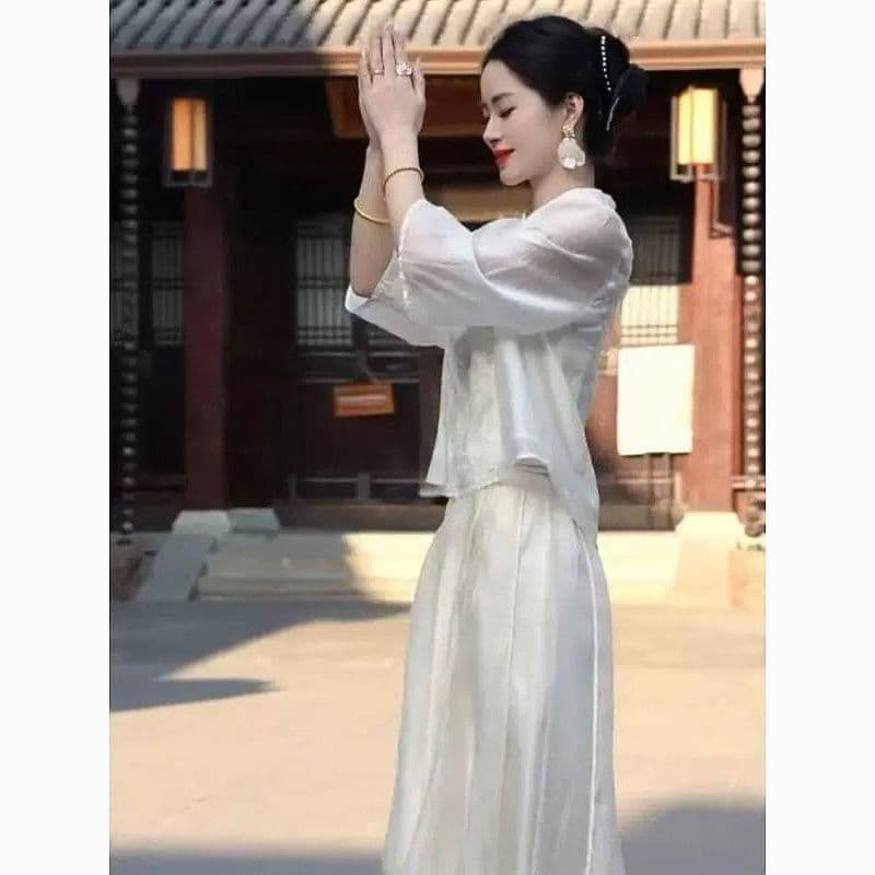 Summer popular new Chinese style national style suit, cool and Zen style, elegant and decent Chinese style white shirt and skirt