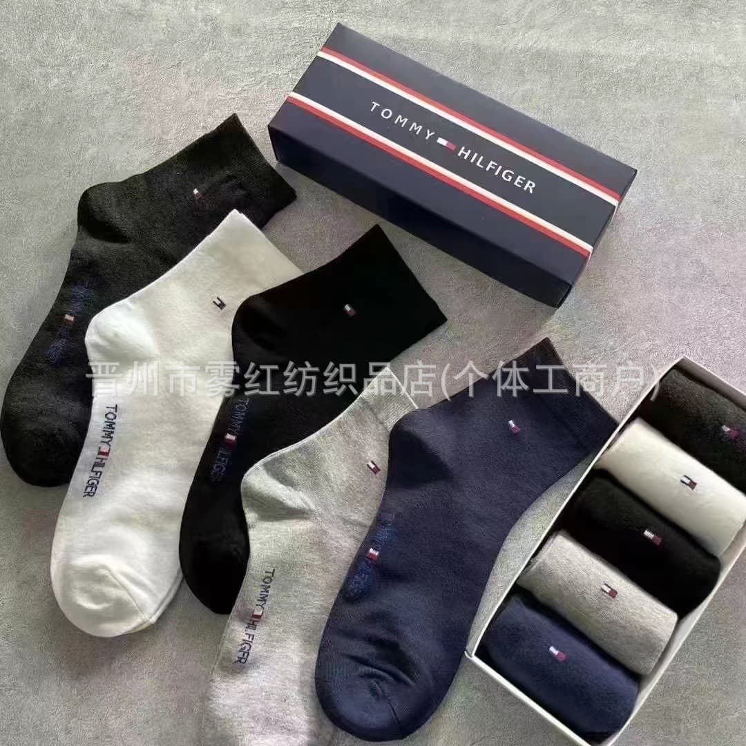 Tommy Socks Four-Season 5-Pair Gift Box Men's Mid-Calf Socks Breathable Moisture-Wicking Business Sports Socks Wholesale Casual