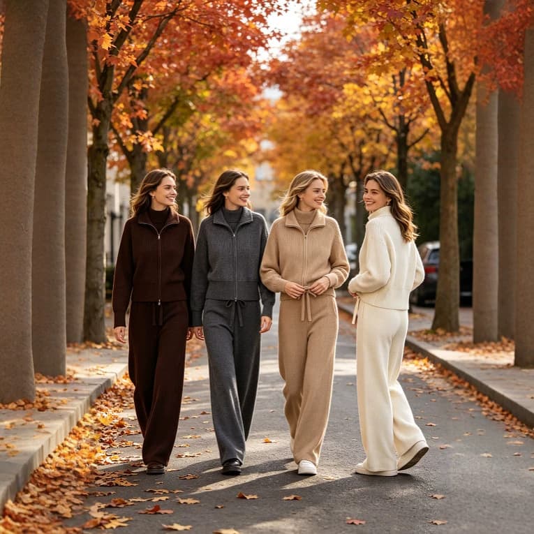 Stand Collar Zip Knit Set Women's Solid Color Jacket Wide-Leg Pants Two-Piece Set Autumn Winter Casual Style Women's Wear In Stock