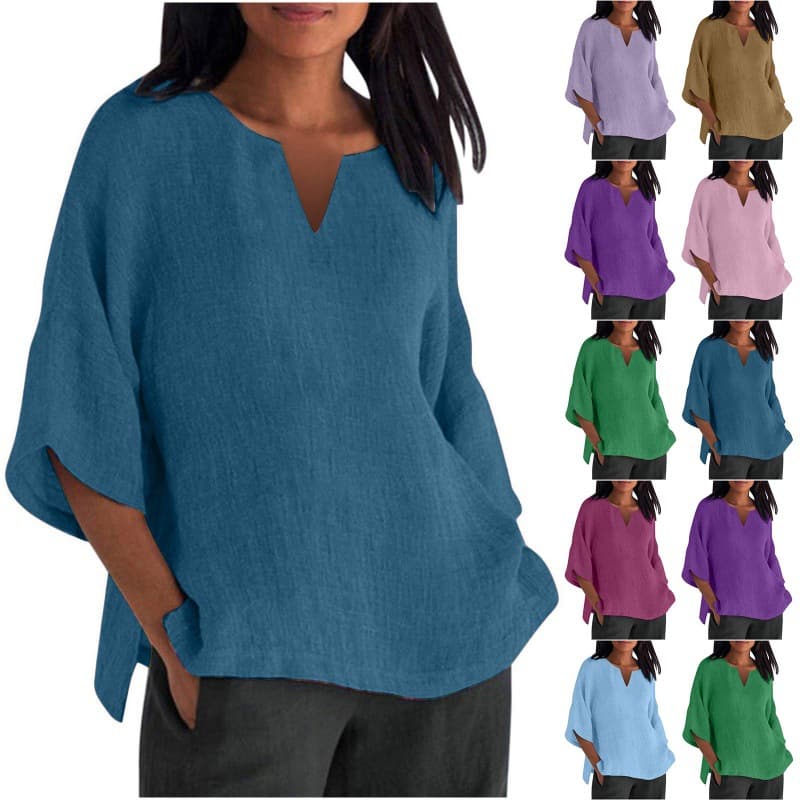New Spring Summer Autumn Solid Color 3/4 Sleeve Cotton Linen V-Neck T-Shirt Blouse Split Loose Plus Size Women's Clothing
