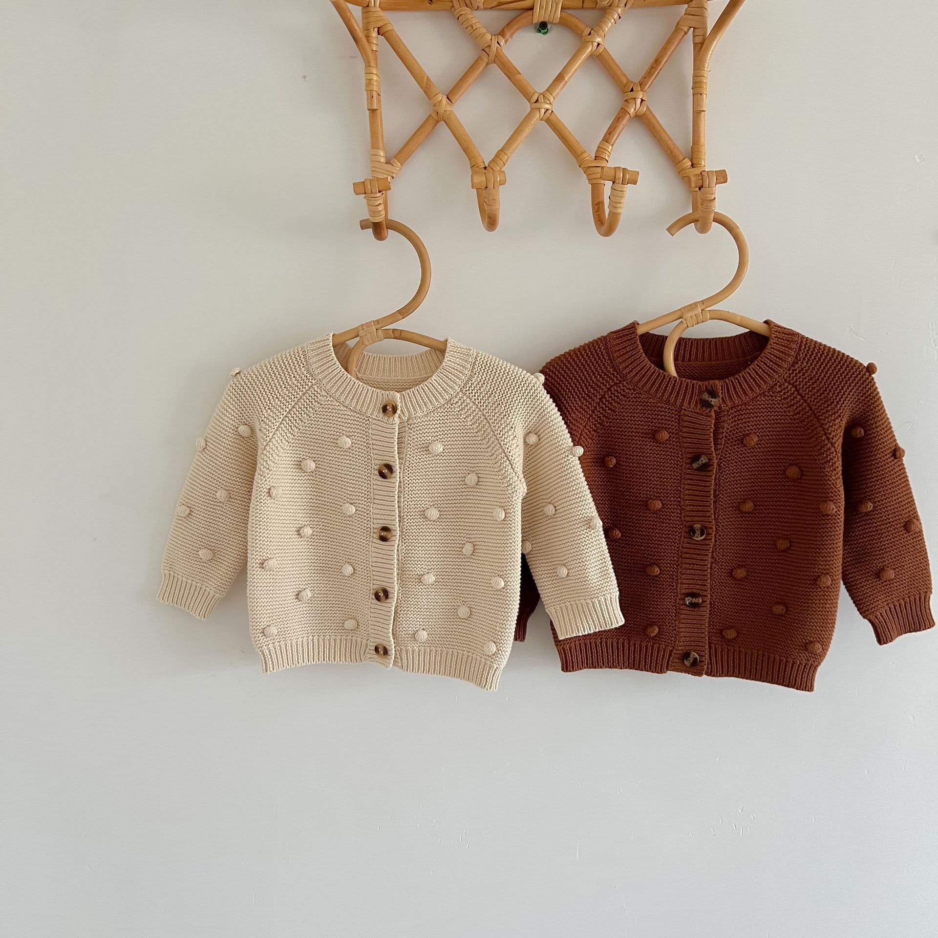 ins baby cardigan sweater autumn female baby handmade ball knitted wool top Korean style solid color sweater jacket
