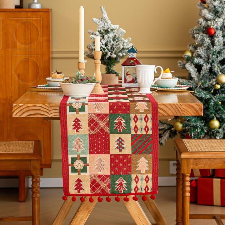 Cross-border Amazon style imitation linen tassel table flag dining table cloth home Christmas cedar decoration Christmas table flag