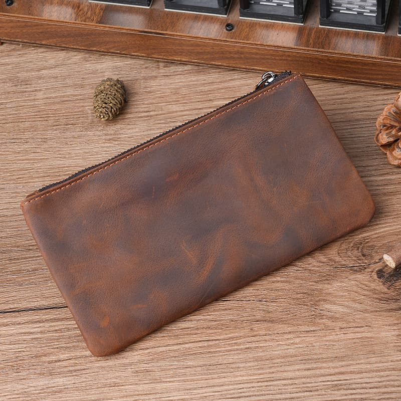 Crazy Horse Leather Premium Zero Wallet Vintage Horizontal Compact Card Holder Genuine Leather Handmade Coin Purse Clutch Casual Men's Bag
